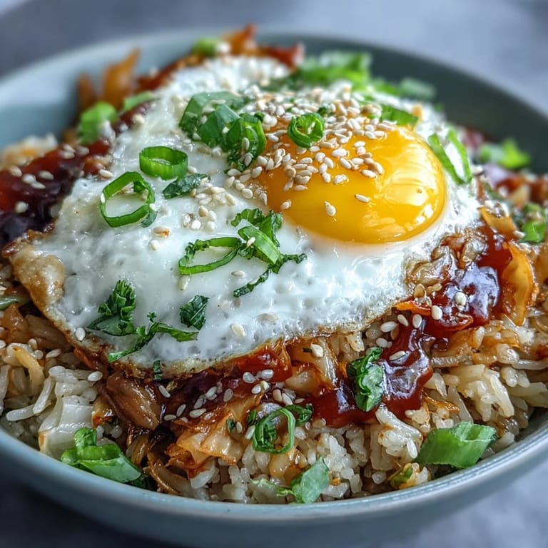 Korean-inspired kimchi fried rice featuring tender cabbage, spicy kimchi, and a golden fried egg for a hearty meal.