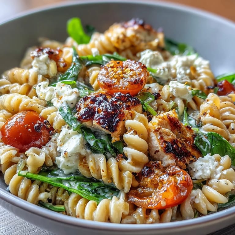 High Protein Pasta Bowl topped with juicy grilled chicken and fresh spinach, perfect for a balanced, energizing dinner.
