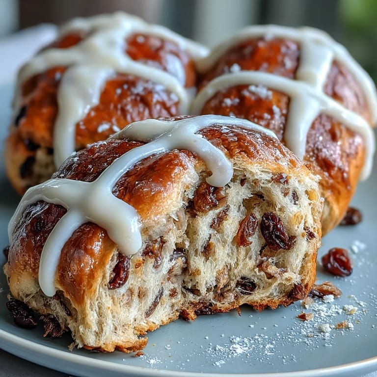 Fluffy homemade hot cross buns with a shiny apricot glaze, studded with juicy raisins and aromatic cinnamon, ideal for a cozy spring brunch.