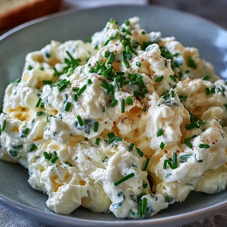 Golden scrambled eggs with rich cottage cheese, garnished with fresh chives for a nourishing morning meal.  