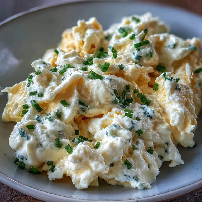 Creamy cottage cheese folded into soft scrambled eggs, offering a protein-packed twist on a classic dish.