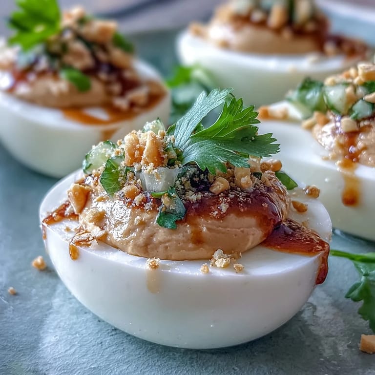 Thai Peanut Deviled Eggs with Cucumber Relish: Spicy Thai-inspired deviled eggs filled with peanut butter and sriracha, garnished with crunchy cucumber and cilantro.