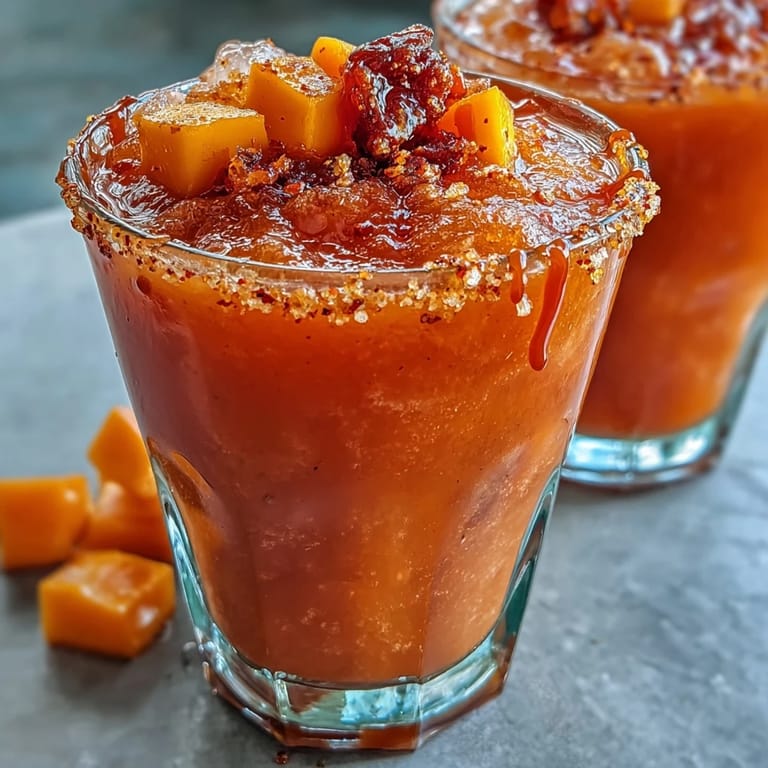 Spicy-sweet mangonada mocktail with Tajín-rimmed glasses, fresh diced mango, and a bright chamoy swirl for a refreshing treat.