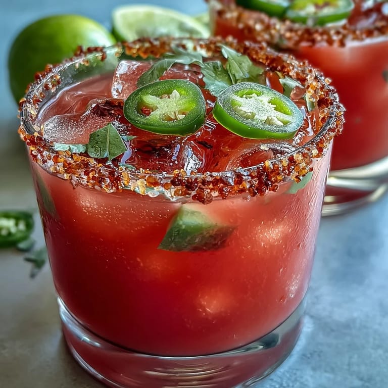 A colorful watermelon jalapeño margarita mocktail, garnished with lime wedges and chili-salt rim, ideal for summer parties.