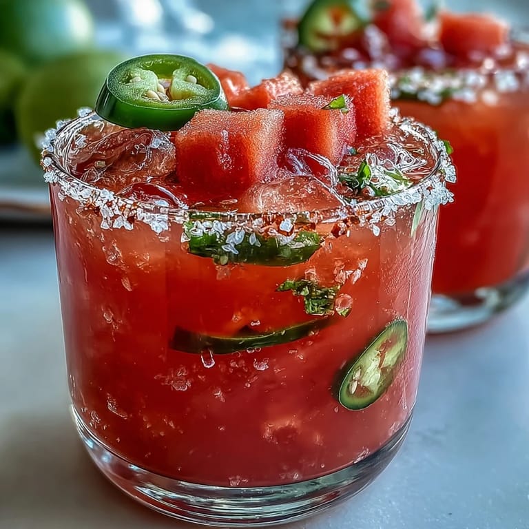 A refreshing alcohol-free margarita mocktail blending juicy watermelon with a subtle jalapeño kick, perfect for festive celebrations.