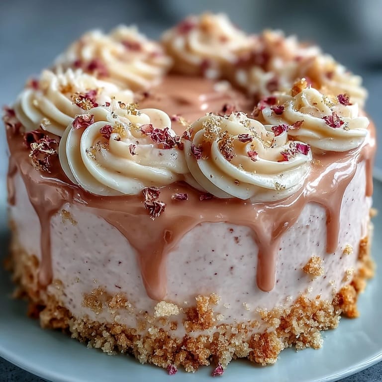 Bridal shower centerpiece: Rosé velvet cake layers frosted with smooth cream cheese icing and finished with a luxurious edible gold ganache drip.