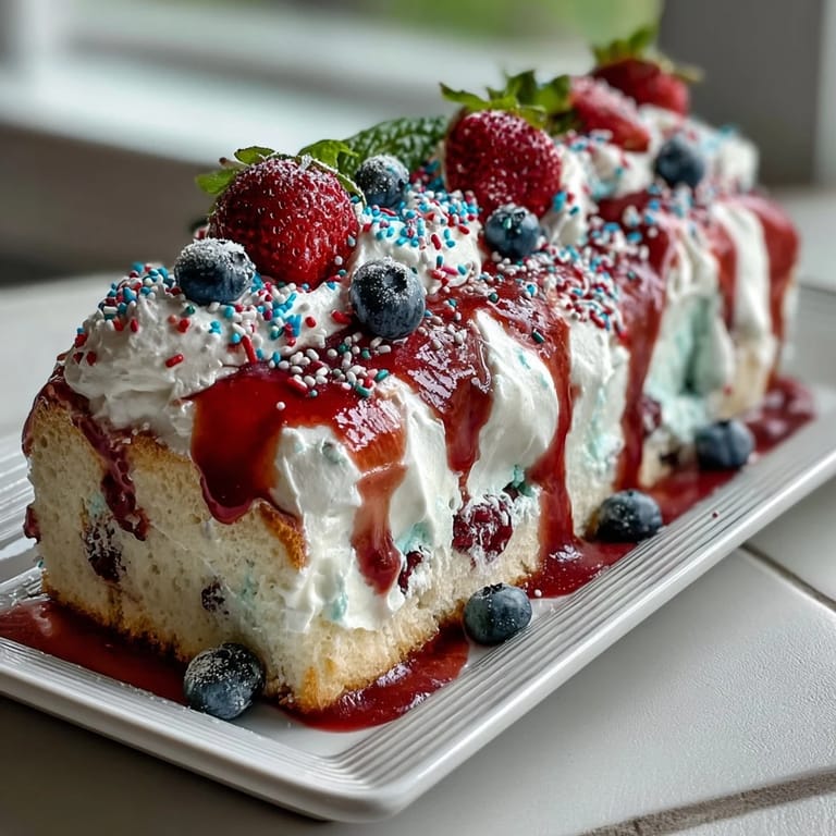 Vibrant red and blue gelatin-filled holes in white cake, decorated with creamy whipped topping and festive sprinkles.  