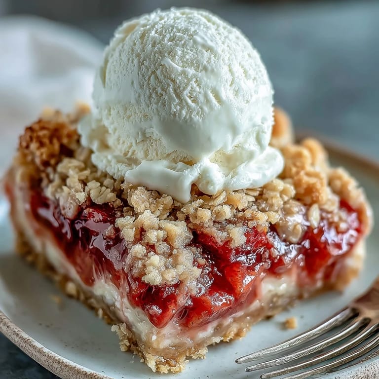 Delicious Strawberry Rhubarb Crumble Bars with fresh fruit and crisp oat topping, ideal for dessert.