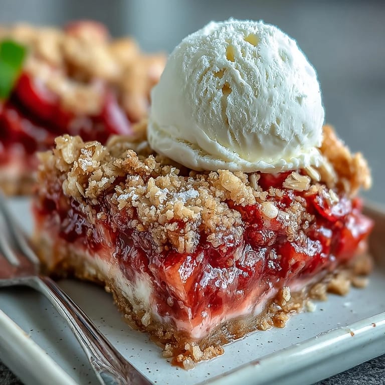 Sweet and tangy Strawberry Rhubarb Crumble Bars baked to golden perfection, with buttery crumble layers.  