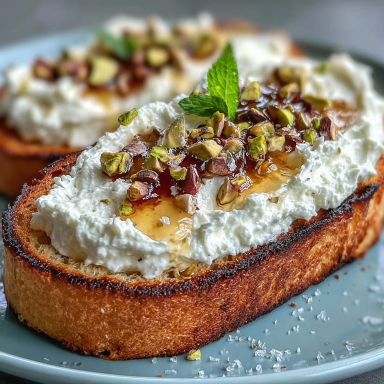 Golden artisanal bread topped with fluffy whipped ricotta, honey drizzle, and nuts.