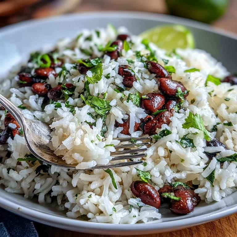 Fluffy Coconut Lime Rice with beans, bright lime, and fresh cilantro.