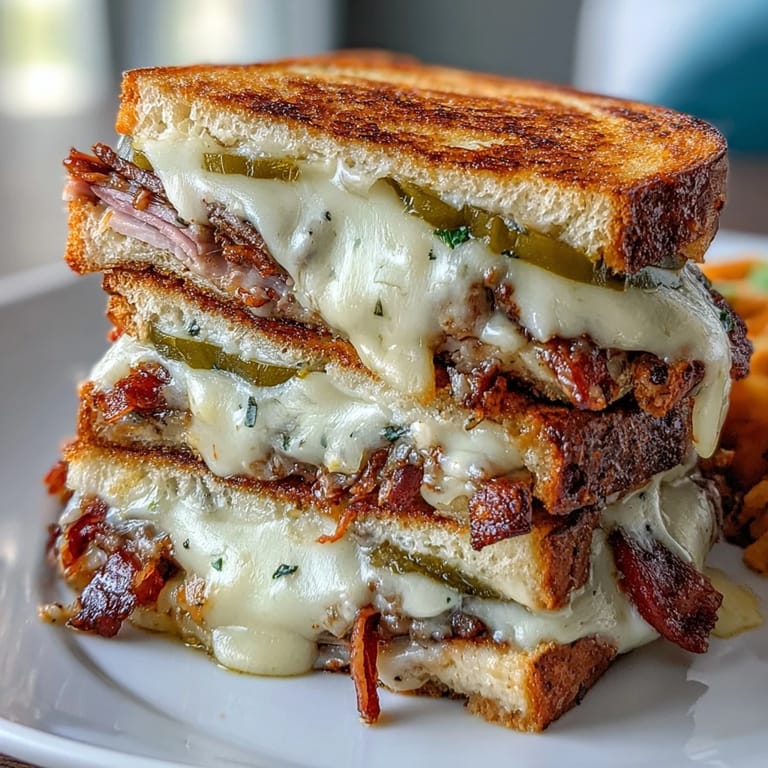 Savory Cuban Sandwich Grilled Cheese, perfectly pressed with ham, pork, and pickles.
