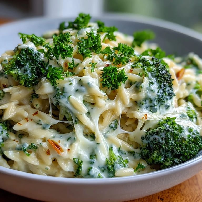 Wholesome Broccoli Cheddar Orzo, a vegetarian pasta comfort food served hot and bubbly.