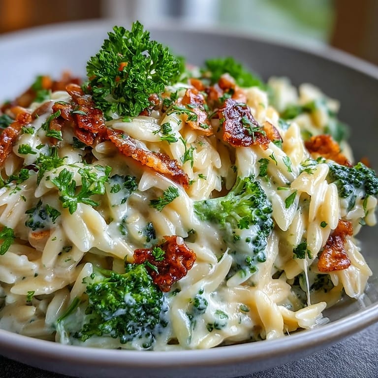 A delicious snapshot of easy Broccoli Cheddar Orzo topped with melted sharp cheddar.