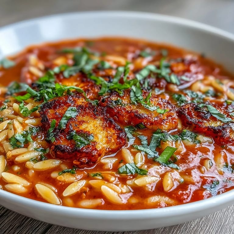 Enjoy Tomato Soup Orzo topped with golden, cheesy grilled cheese croutons.