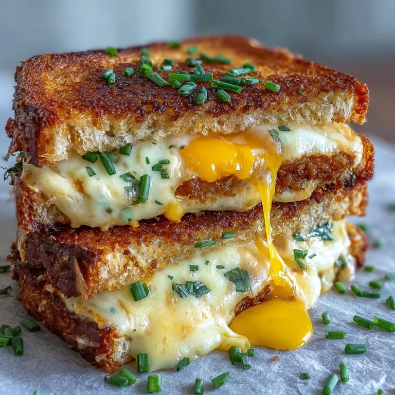 Delicious Breakfast Grilled Cheese oozing with cheese and fluffy scrambled egg.