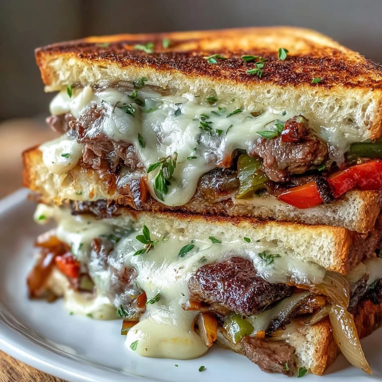 Juicy Philly Cheesesteak Grilled Cheese with caramelized onions and peppers, perfectly grilled.