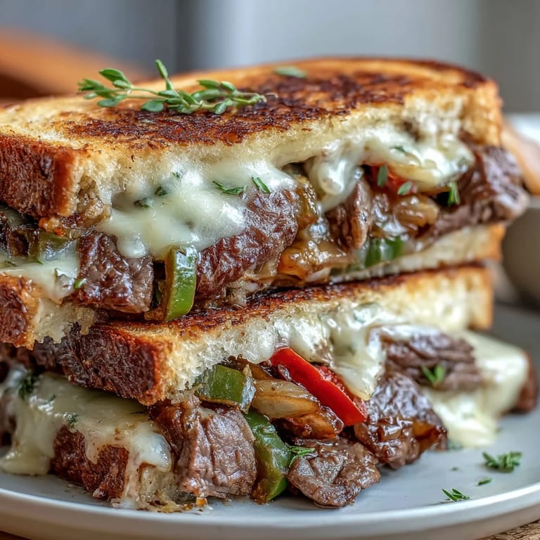 Comforting Philly Cheesesteak Grilled Cheese, ideal for a hearty, delicious weeknight meal.