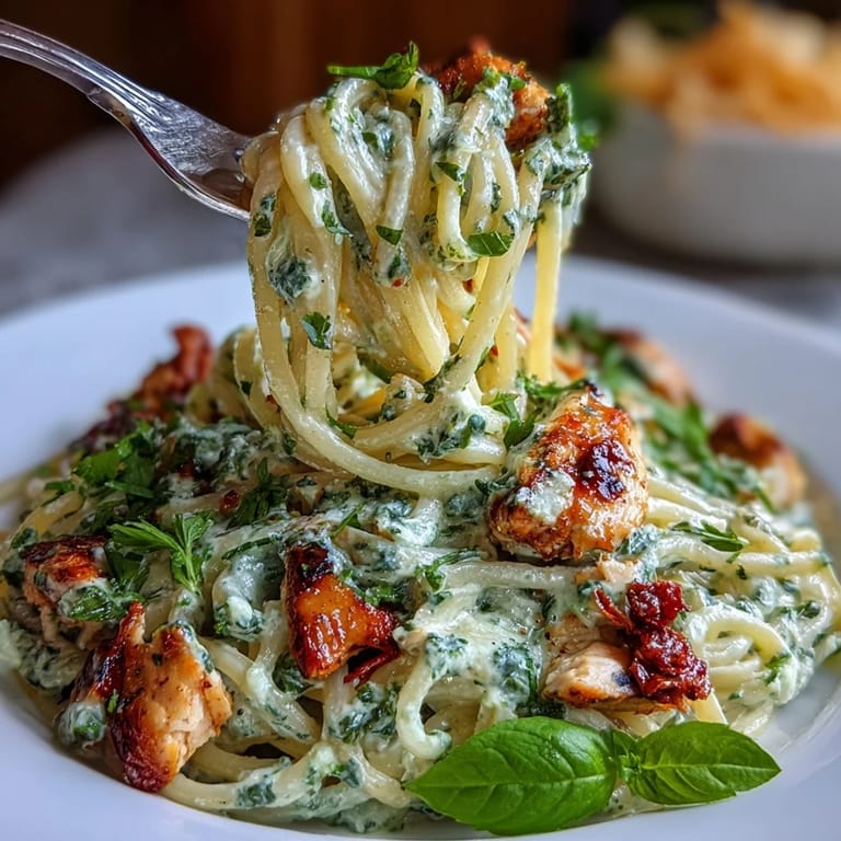Delicious Creamy Pesto Pasta with Chicken, ready to be served for a cozy dinner.