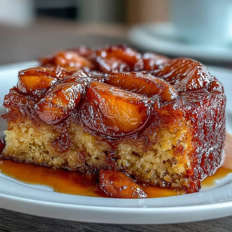 Perfectly baked Brown Sugar Peach Upside-Down Cake ready to be served warm.