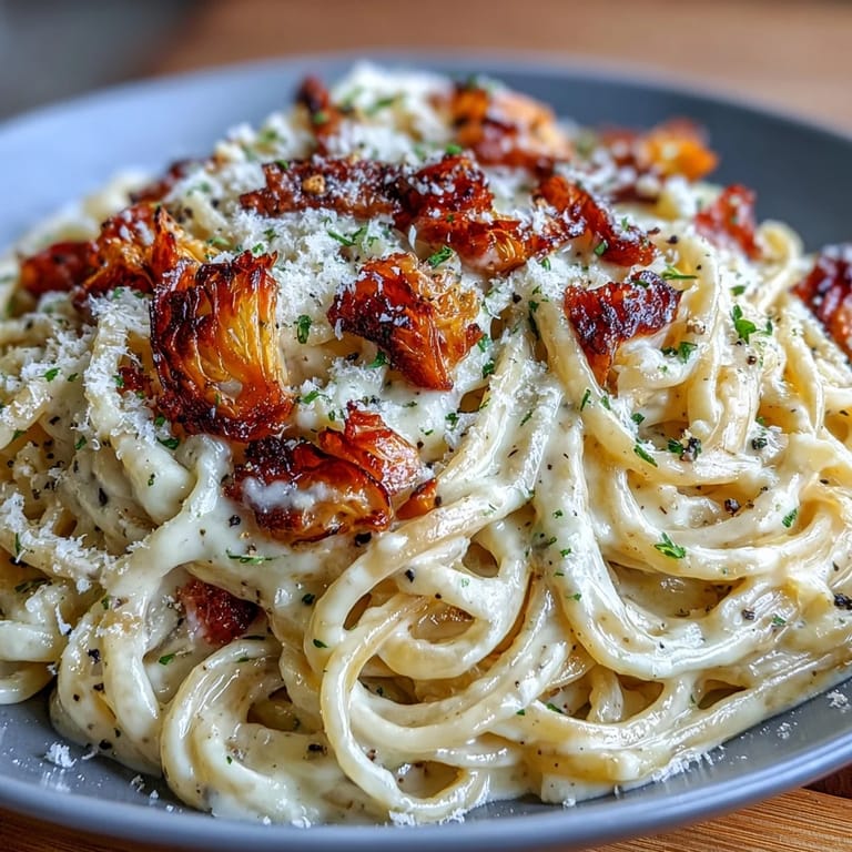Delicious Caramelized Cabbage Carbonara, showcasing pasta coated in a velvety, pepper-flecked sauce.