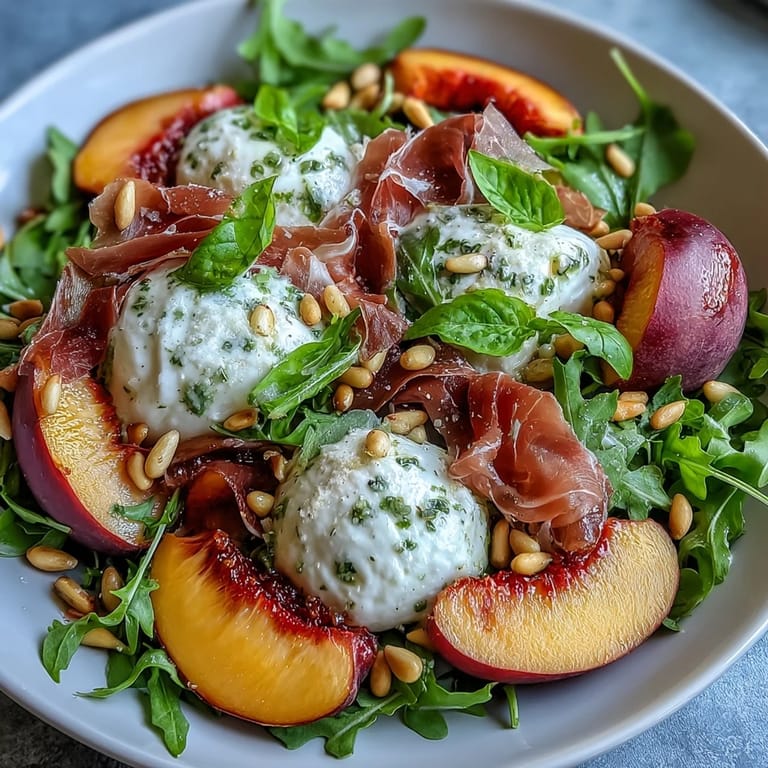 Savory prosciutto nestles juicy peaches and burrata in this stunning summer salad.
