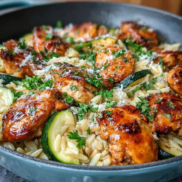 Golden seared chicken in One-Pan Lemon Chicken and Zucchini Orzo dish.