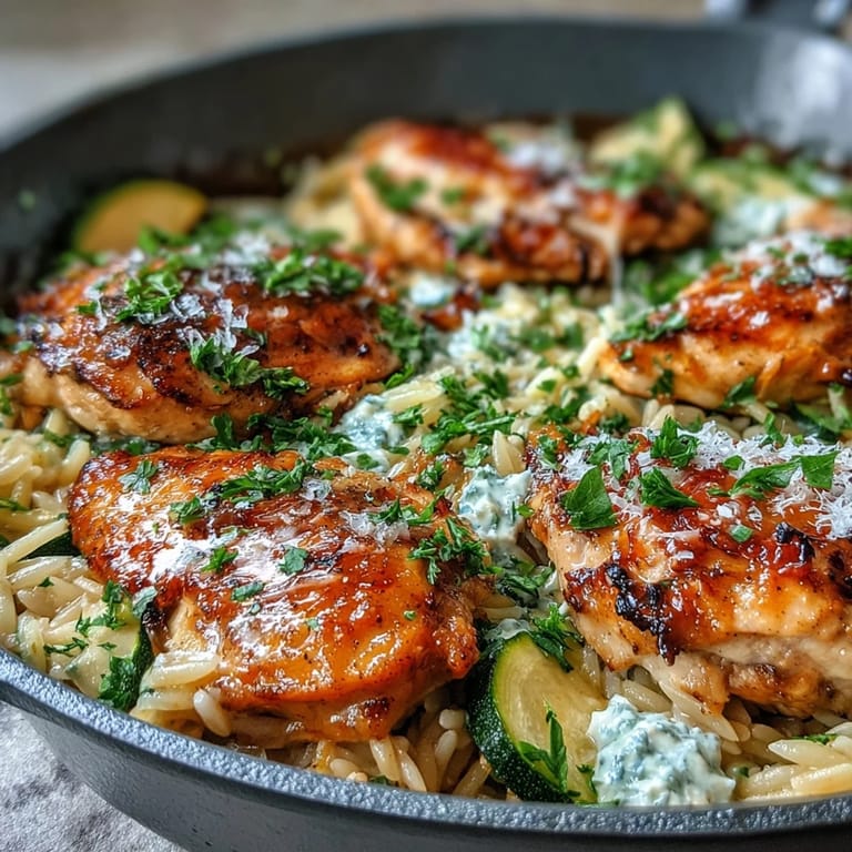 Easy One-Pan Lemon Chicken and Zucchini Orzo dish, ready for dinner.
