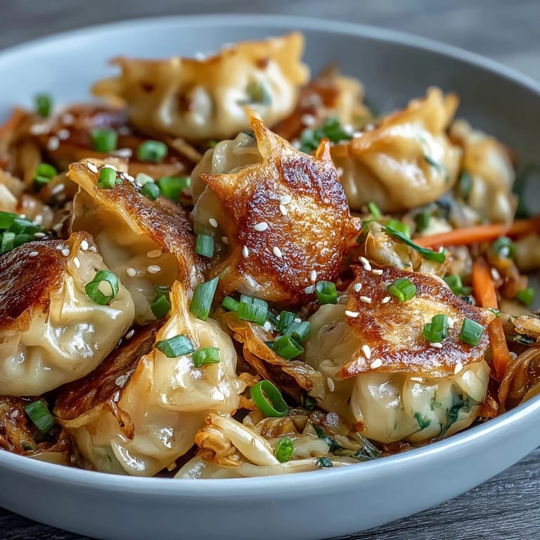 Tender vegetable dumplings in sweet and savory Hot Honey Cabbage Dumpling Skillet, ready to serve.
