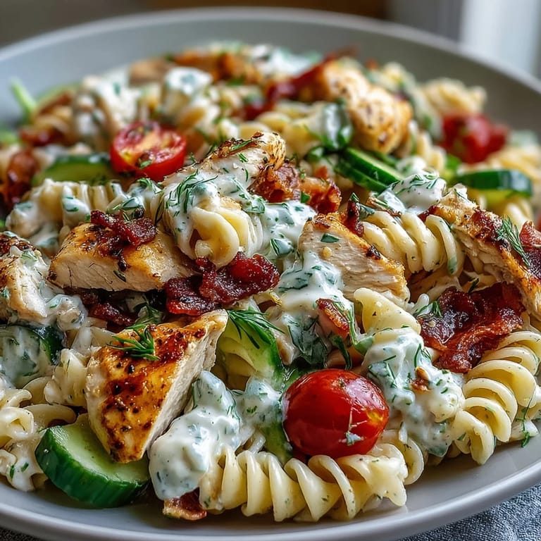 Loaded Creamy Chicken Bacon Ranch Pasta Salad ready for summer gatherings.