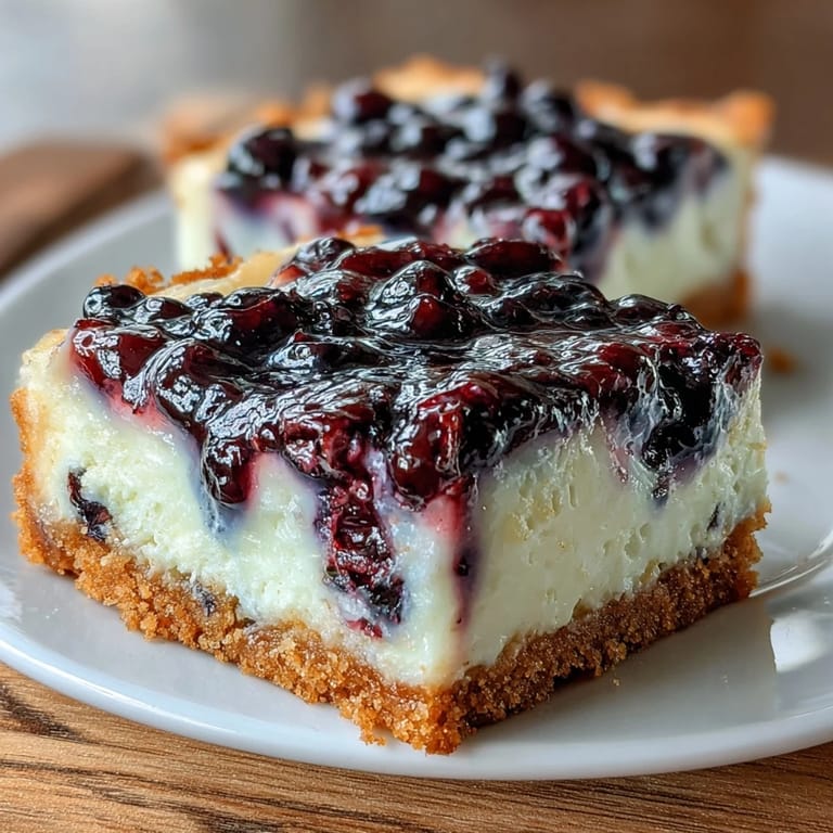 Refreshing no-bake lemon blueberry cheesecake bars, a perfect summer dessert.