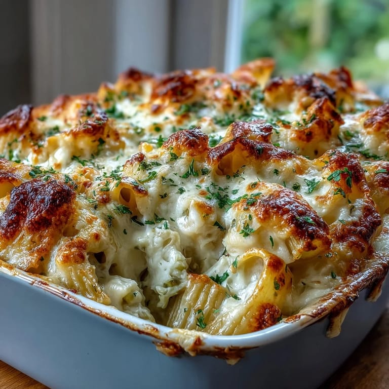 Hearty Cabbage Alfredo Pasta Bake, bubbling with cheese, ready to be served hot.