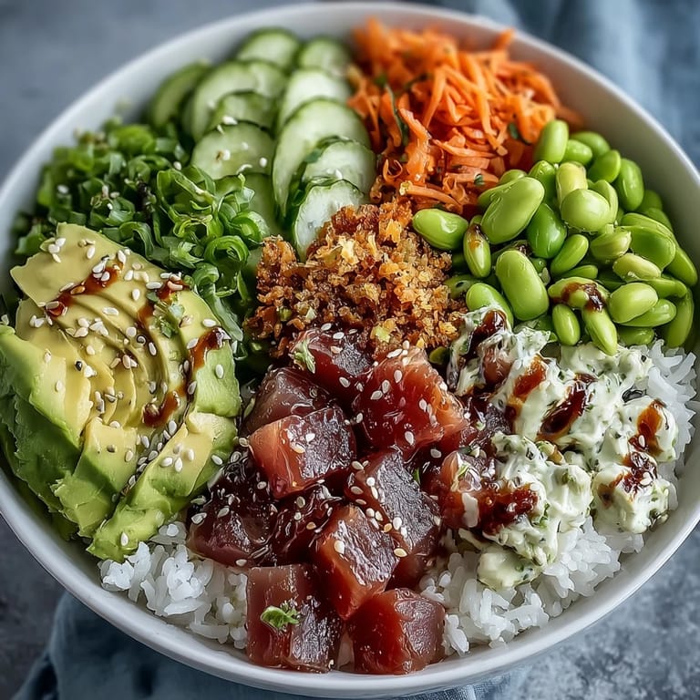 Quick canned tuna poke bowl, a healthy, flavorful meal with sushi rice base.