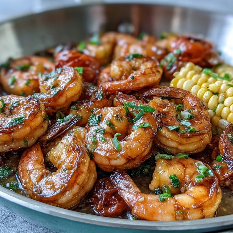 A close-up of Garlic Butter Shrimp and Corn Skillet, glistening in savory garlic butter sauce.