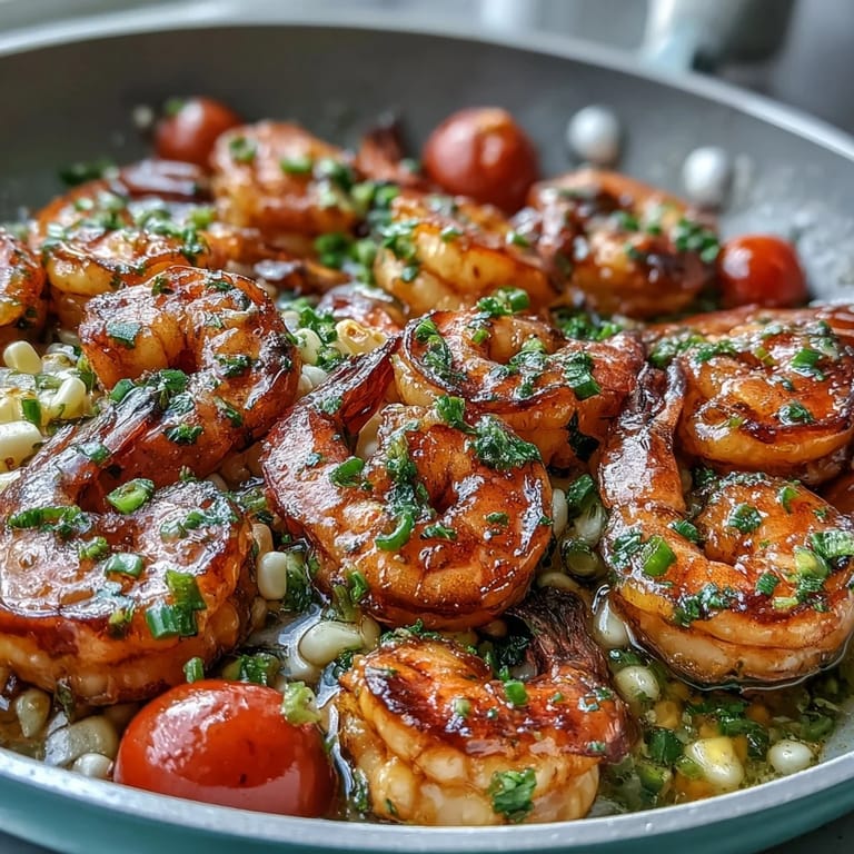 Golden Garlic Butter Shrimp and Corn Skillet, a vibrant skillet bursting with sweet corn and tender shrimp.