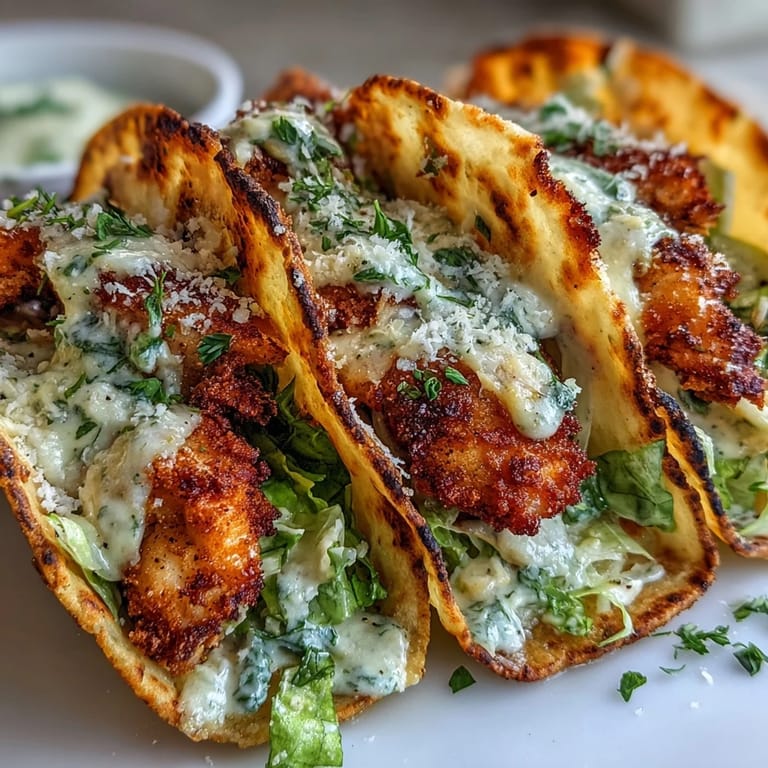 Deliciously crunchy Caesar smash tacos featuring golden fried chicken strips.