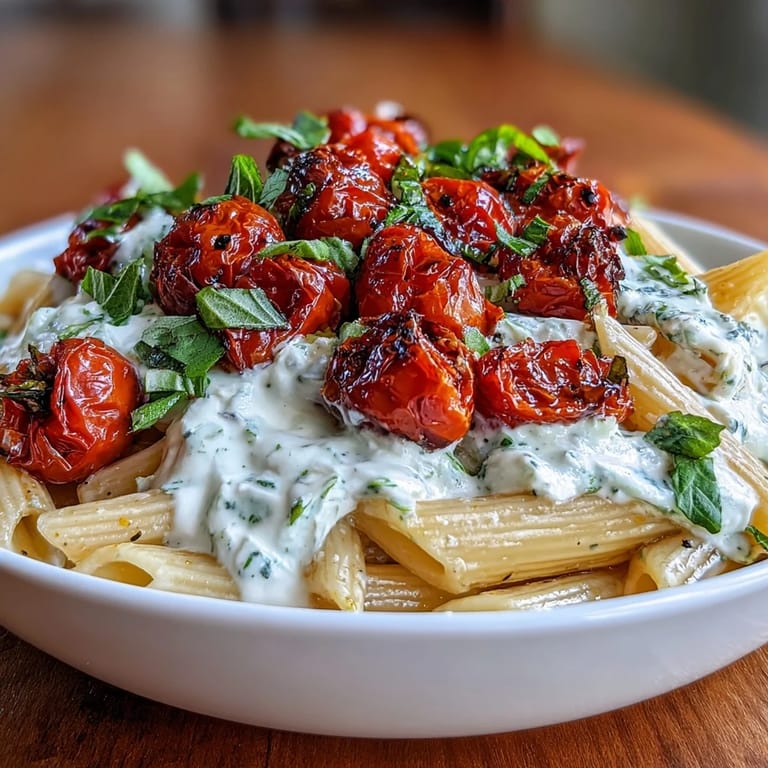 Vibrant red roasted tomatoes folded into rich whipped feta pasta.