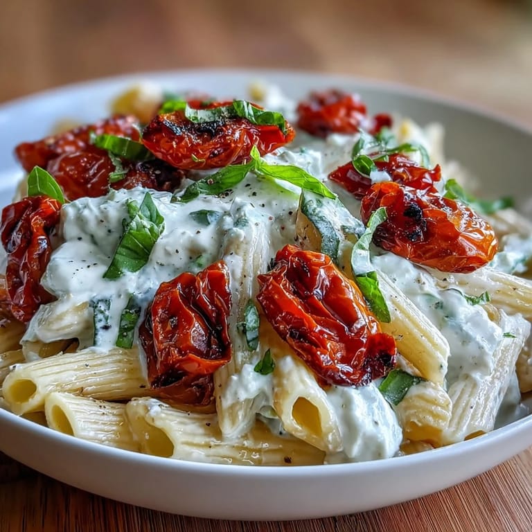 Mediterranean-inspired whipped feta pasta with blistered tomatoes, ready to serve.