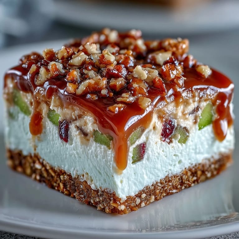 Bright apple Jello layered over creamy cheese and salty pretzel crust.