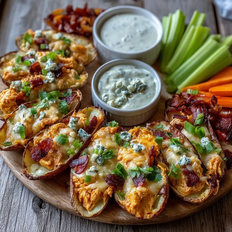 Festive Buffalo Chicken Potato Skins Board, loaded with chicken, cheese, and ready for dipping.