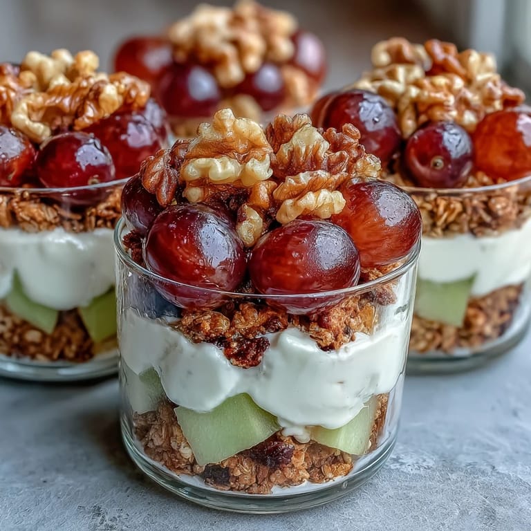 Refreshing grape apple crunch parfait cups bursting with fruit and nutty granola.