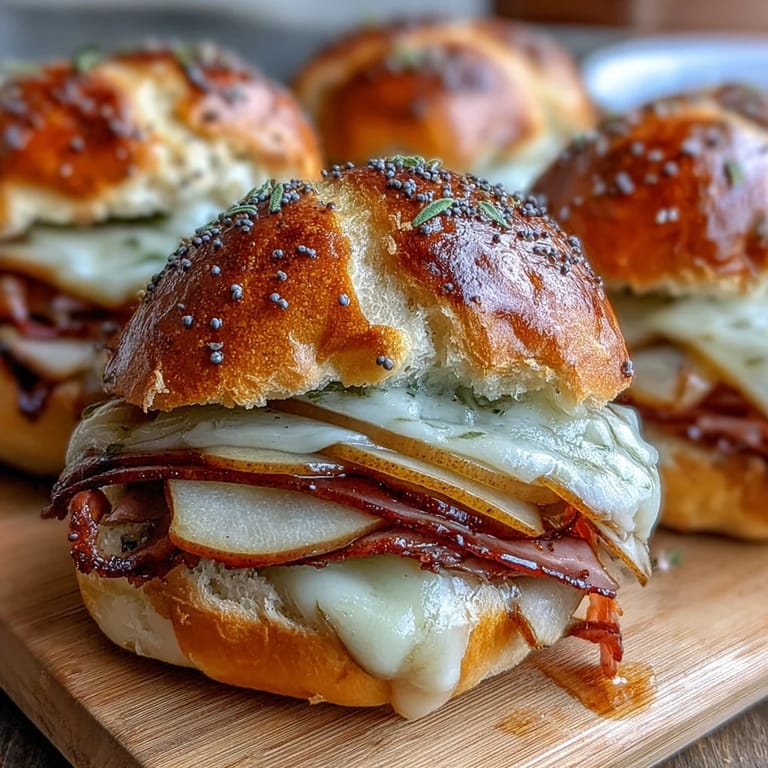 Close-up of a soft bun embracing ham, pear, and cheese for Pear Ham and Cheese Lunchbox Sliders.