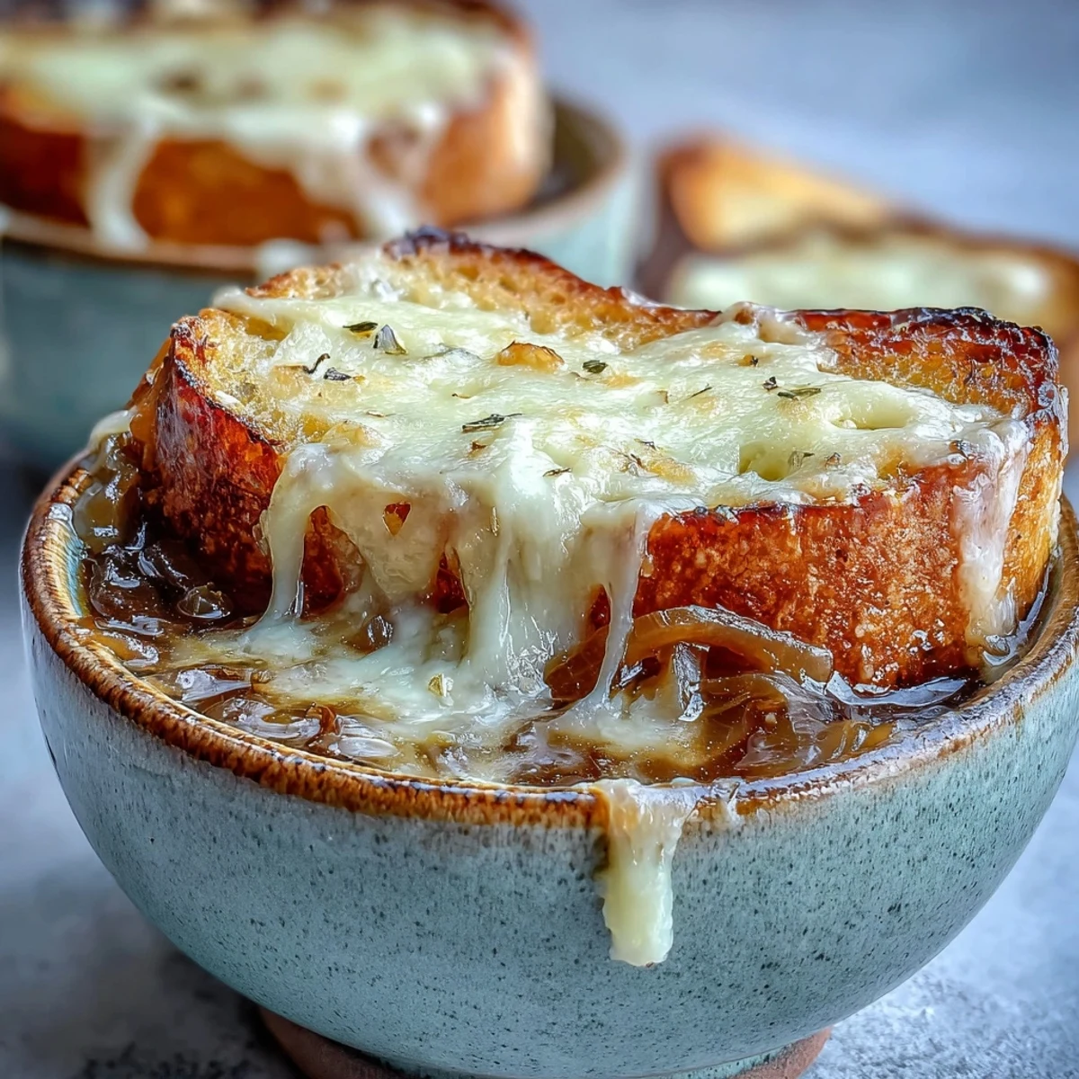 Golden-brown French Onion Soup in a rustic crock, featuring melted Gruyère bubbling over toasted baguette slices.