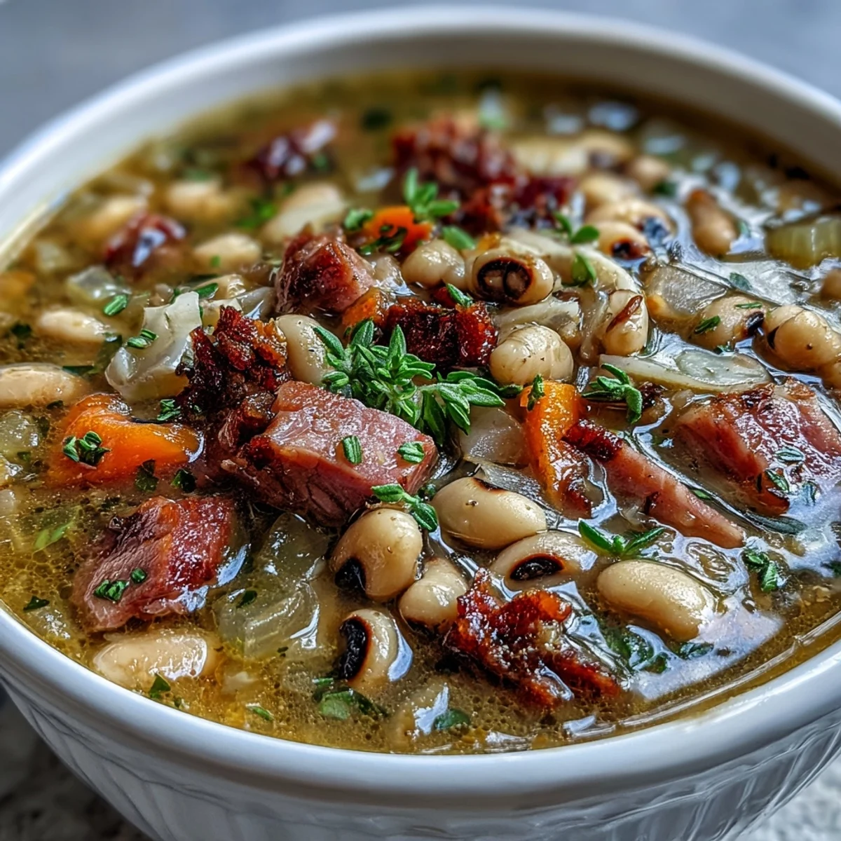 A steaming bowl of ham and black-eyed pea soup, rich with tender legumes and smoky diced ham, perfect for New Year's luck.