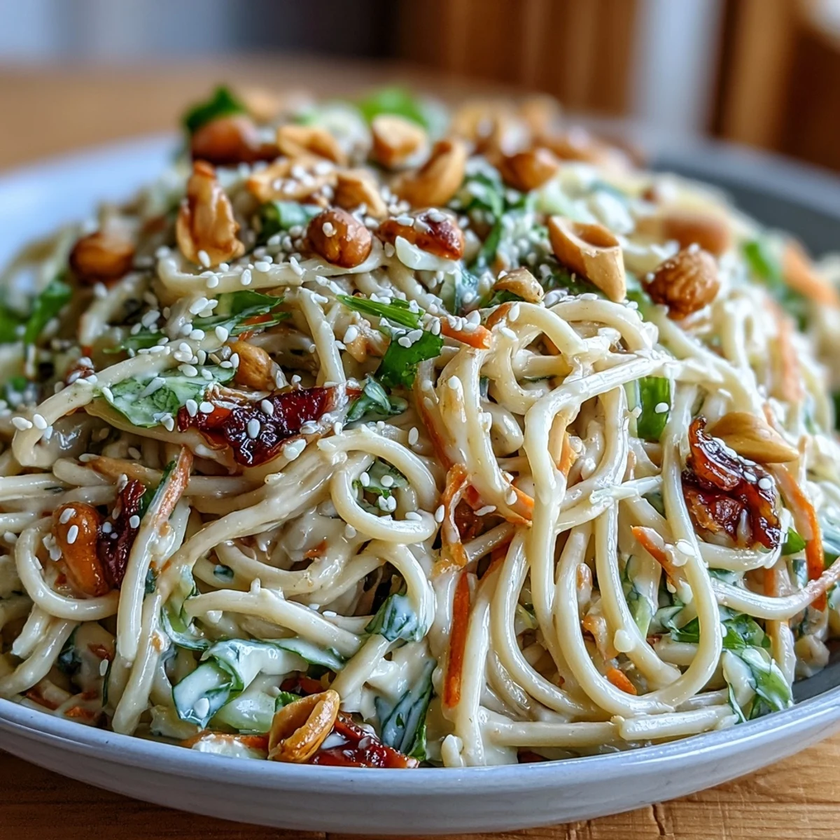 Asian Sesame Noodle Salad with Peanut Dressing in a white bowl, topped with chopped peanuts and cilantro, vibrant vegetables and noodles glistening with savory-sweet sauce.  