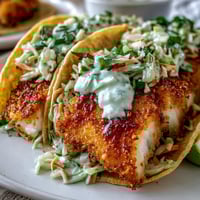 Crispy air fryer fish tacos topped with tangy cabbage slaw and creamy lime sauce, served on warm tortillas.  