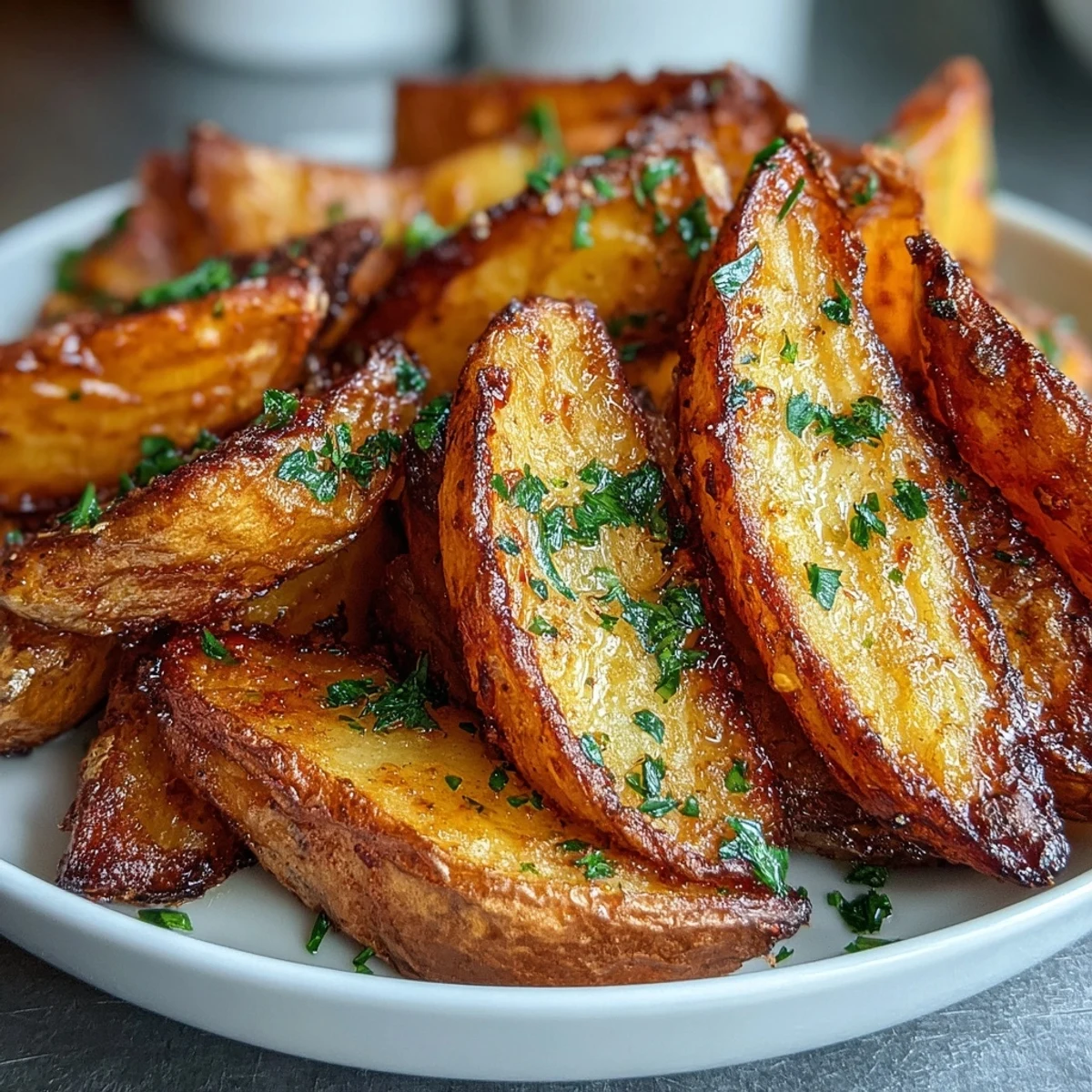 Crispy air fryer potato wedges with golden edges served alongside creamy spring onion dip in a small bowl.  