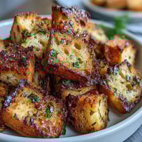 Golden sourdough croutons seasoned with garlic and herbs, crisped to perfection in the air fryer for a crunchy salad topping.