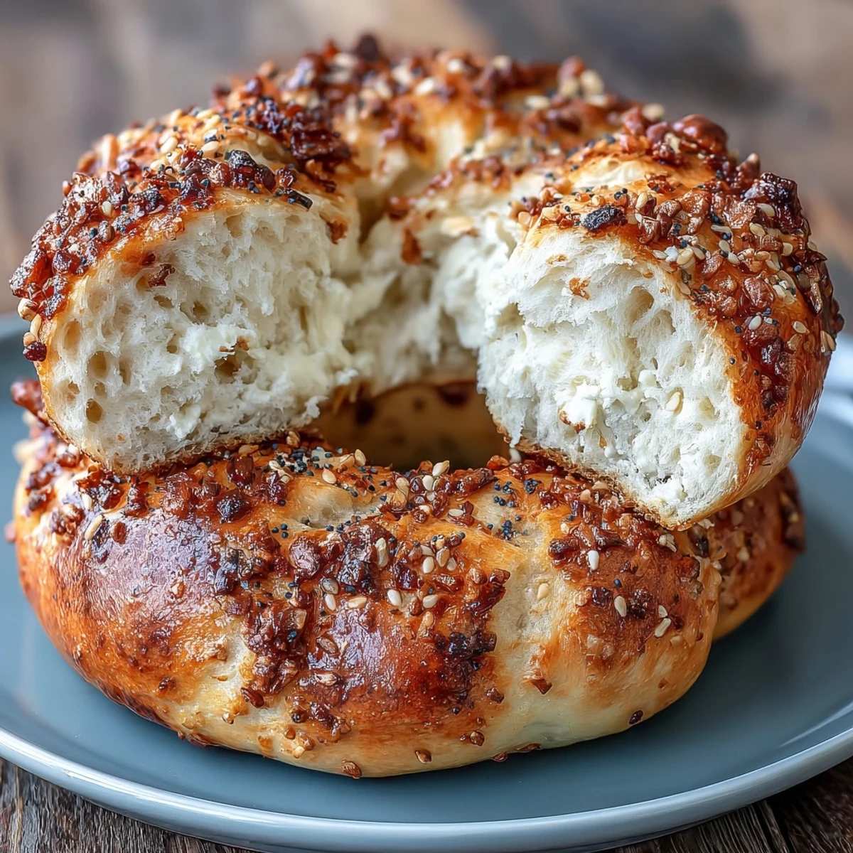 High-protein Greek yogurt bagels with everything seasoning, golden brown and topped with sesame seeds, poppy seeds, and garlic.  