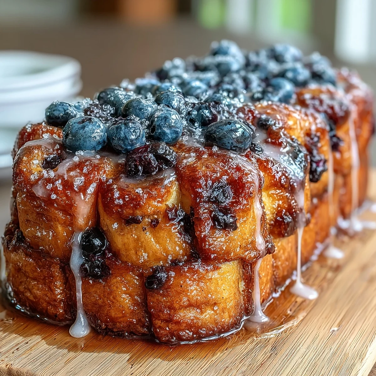 Lemon Blueberry Sourdough Pull-Apart Breakfast Bread with golden, pillowy layers and juicy blueberries, drizzled with tangy lemon glaze.  